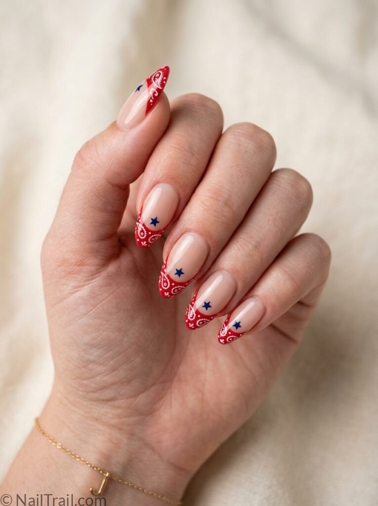 western 4th of july nail designs french tip bandana almond sheer red pattern blue star glossy elegant