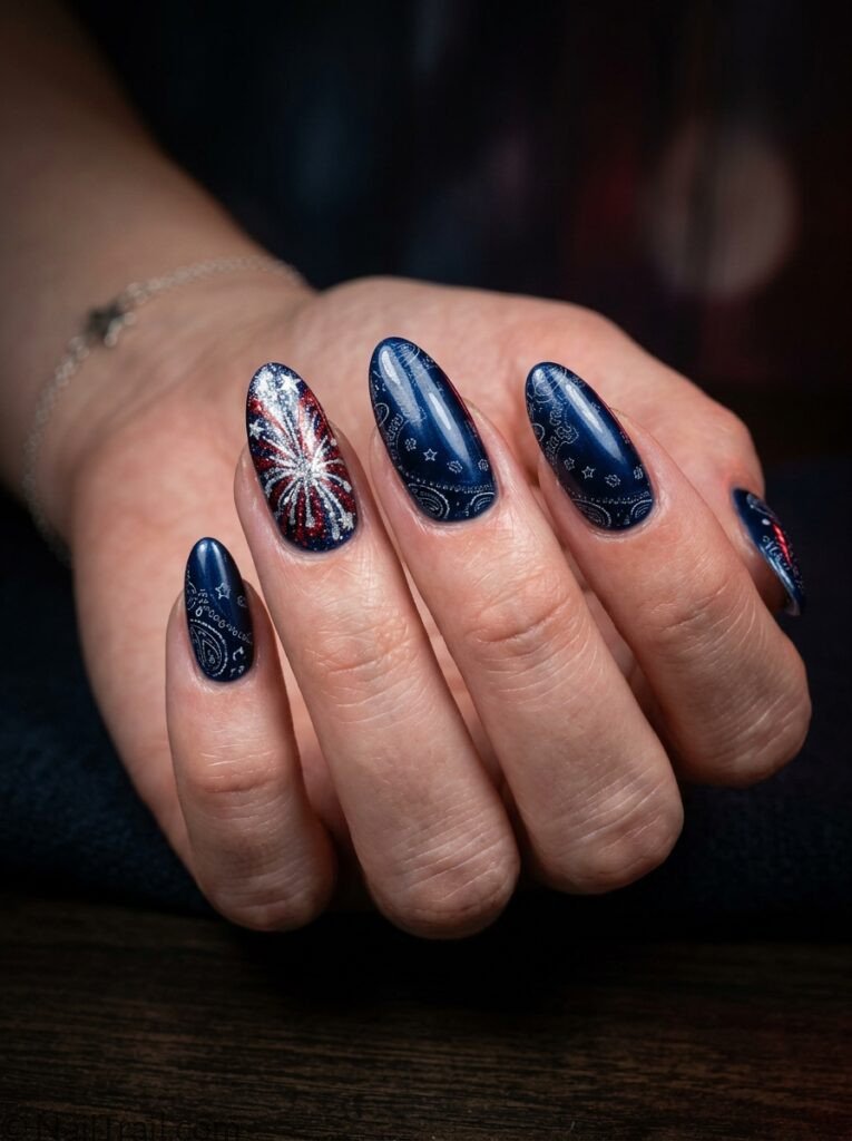 western 4th of july nails inspo firework glitter almond navy silver red burst accent bandana texture glossy