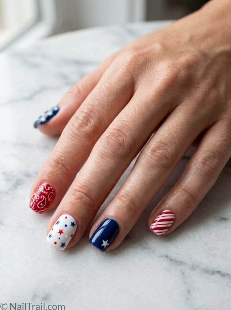 western 4th of july nail ideas mismatched cowgirl set red bandana star navy stripe white short square glossy