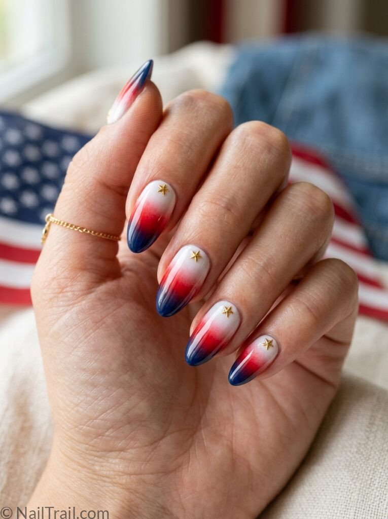 western 4th of july nails red white navy ombre gradient almond western star cuticle detail glossy stunning
