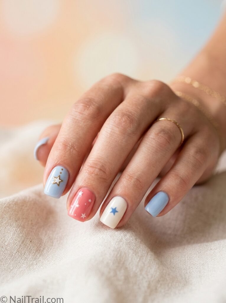 simple western 4th of july nail designs summer pastel red pink white pale blue short square star glossy subtle