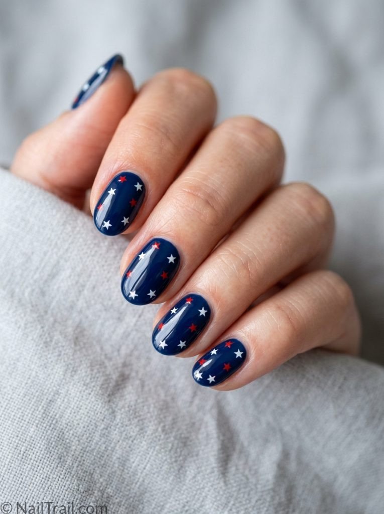 4th of july nails simple easy star sticker navy blue short oval glossy patriotic cute scattered