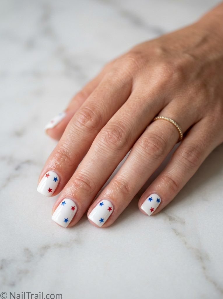 4th of july nails simple white gel short square tiny red blue star sticker each nail glossy clean