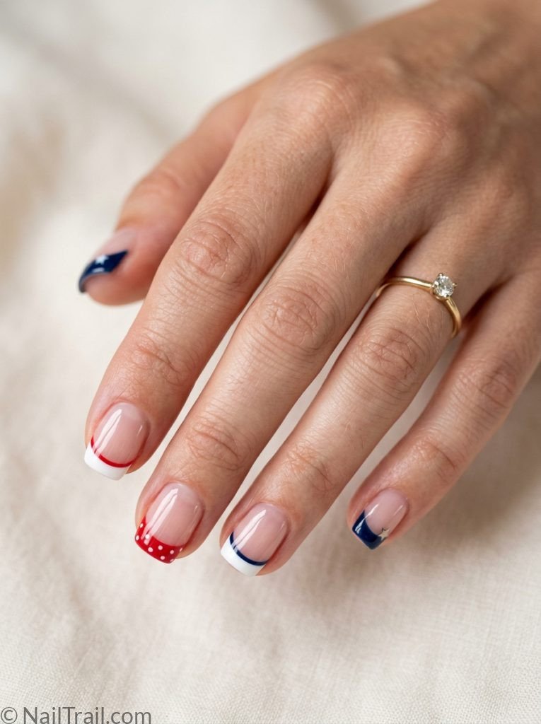 4th of july nails simple easy red white blue french tips alternating short square glossy patriotic