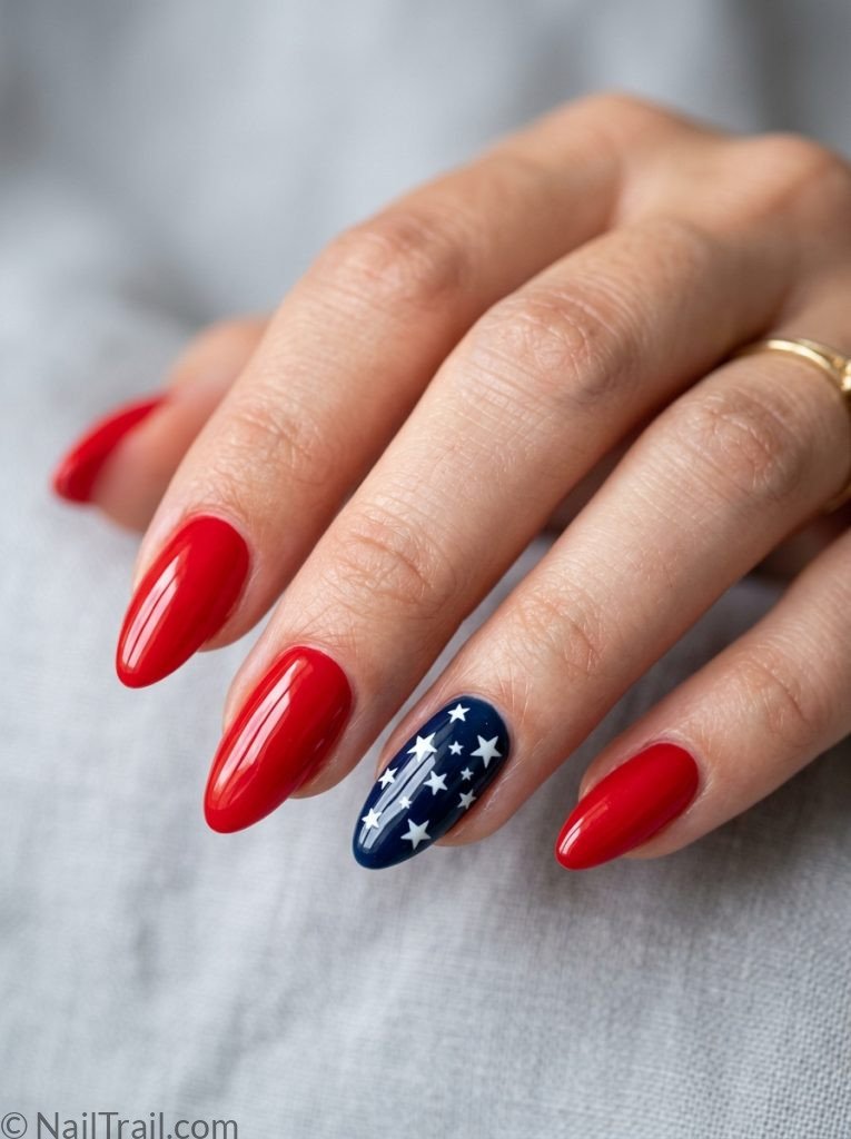 4th of july nails simple gel red almond navy blue star accent white glossy patriotic bold
