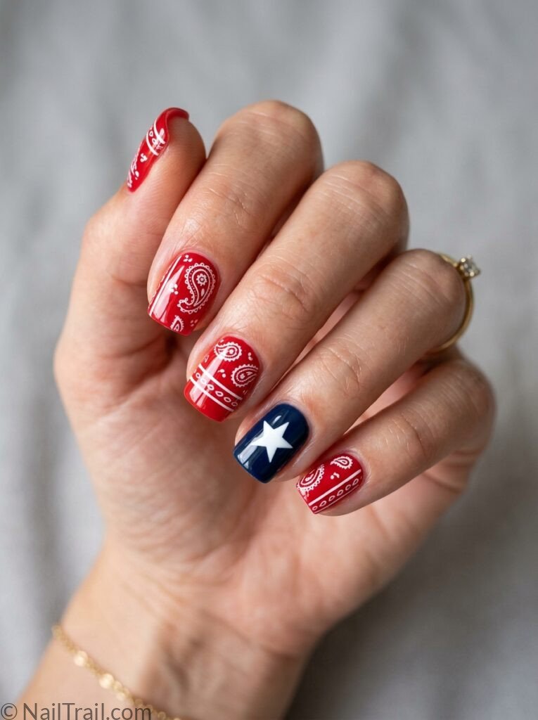 punchy western 4th of july nails bold red short square white bandana stripe navy star accent glossy cowgirl