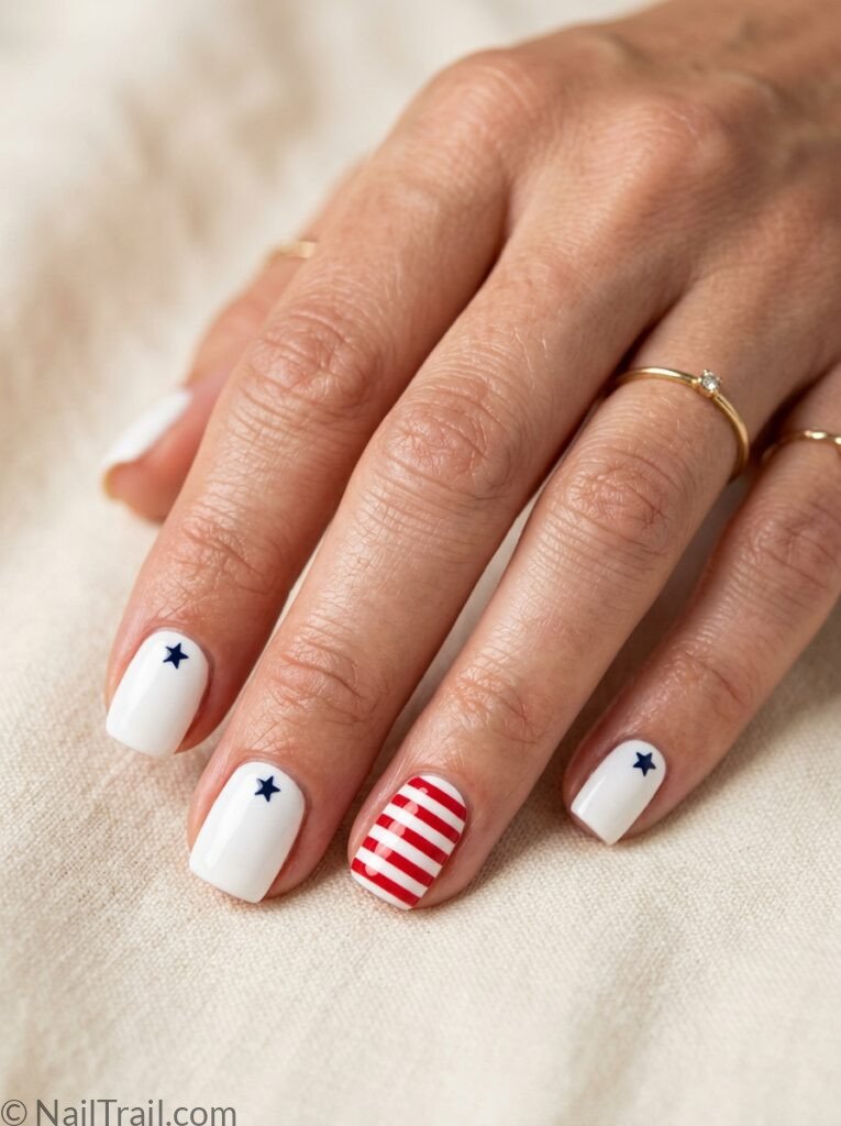 easy western 4th of july nails white short square red horizontal stripe accent blue star sticker glossy