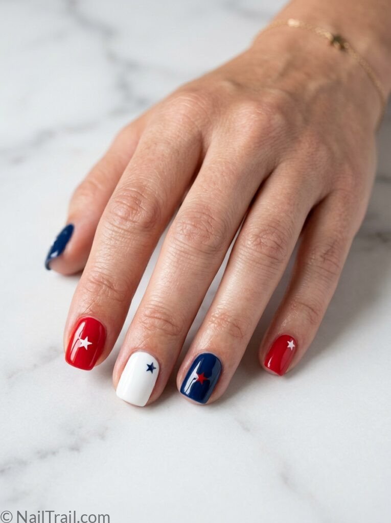 simple western 4th of july nails solid red white navy short square alternating western star glossy gel easy beginner