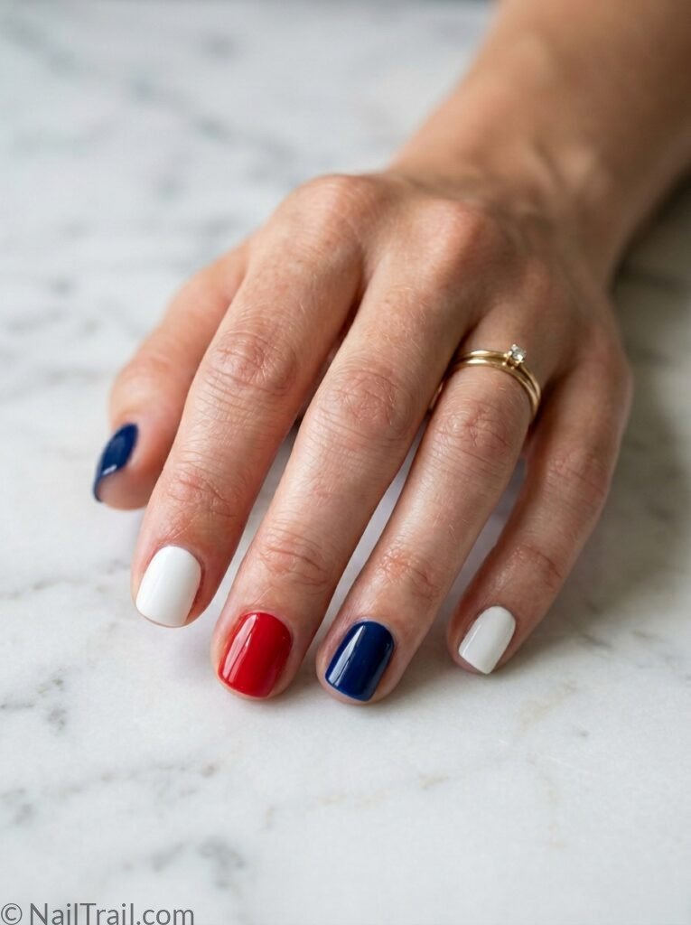 simple western 4th of july acrylic nails short square solid red white navy alternating glossy clean patriotic
