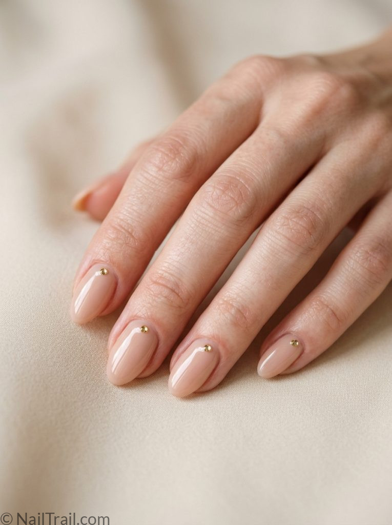 easy nail inspo almond nude gold gem rhinestone detail glossy minimalist elegant