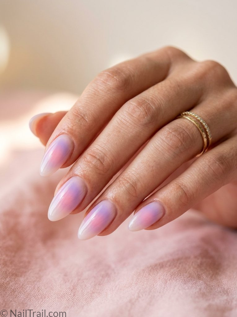 rendy nail inspo almond aura gradient pink purple glossy ethereal diffused viral