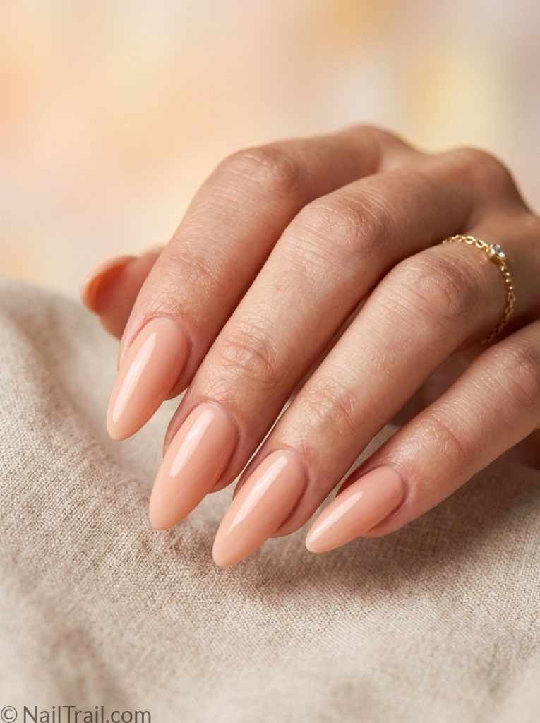 nail inspo almond gel x peach nude long glossy soft warm luminous elegant