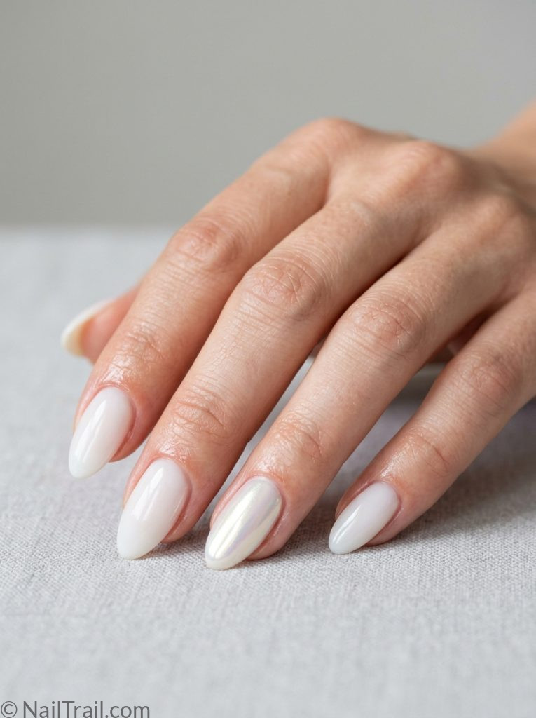 milky white nails design pearl chrome accent almond luminous elegant sophisticated glossy