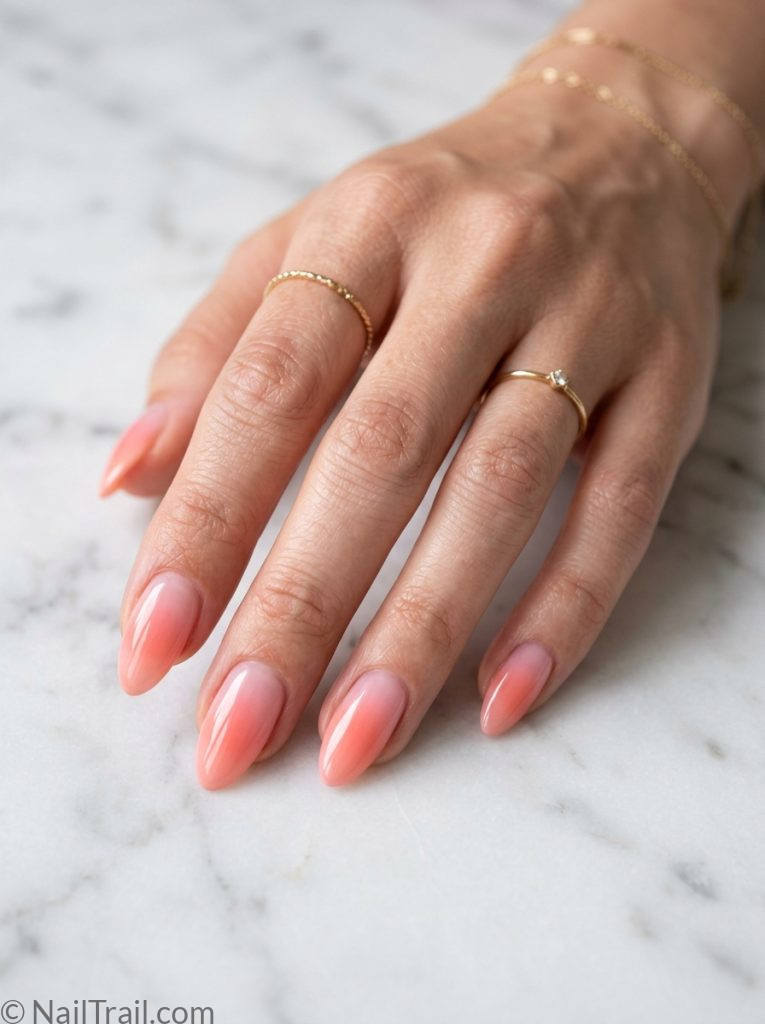 aura summer nails pink coral almond diffused glow gradient glossy dreamy romantic warm