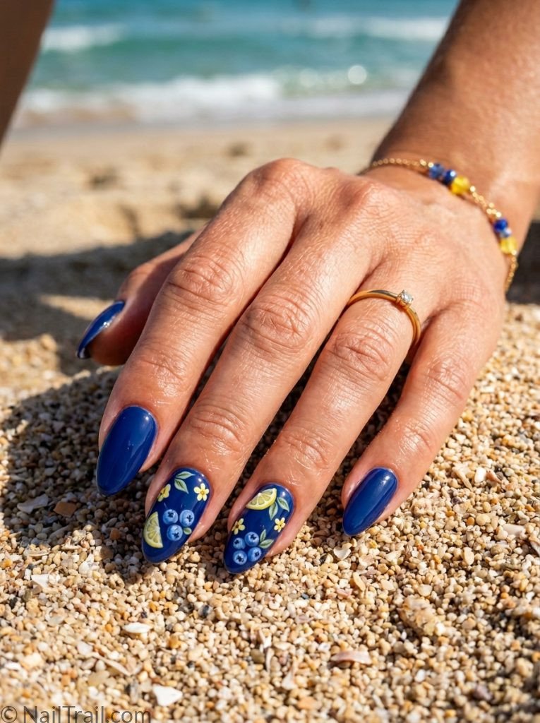 summer lemon blueberry nails blueberry blue glazed almond high shine glossy sophisticated rich