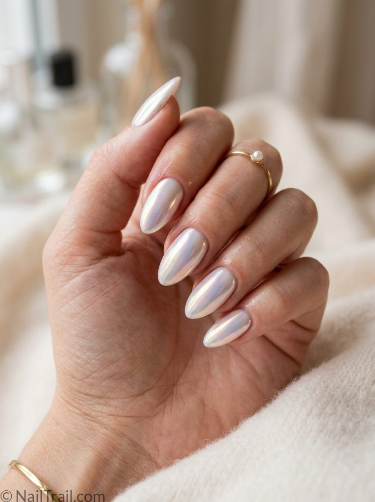 milky white nails chrome full iridescent almond rainbow shimmer shift glossy mesmerizing