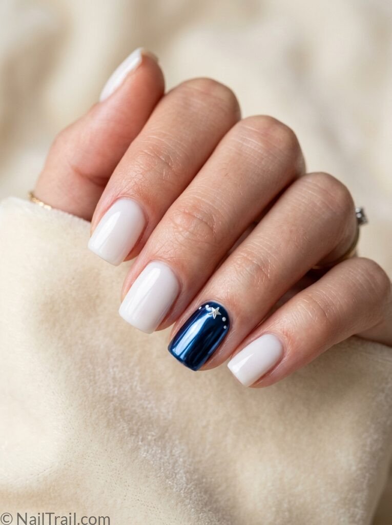 subtle 4th of july nails milky white short square navy blue chrome accent glossy metallic classy subtle