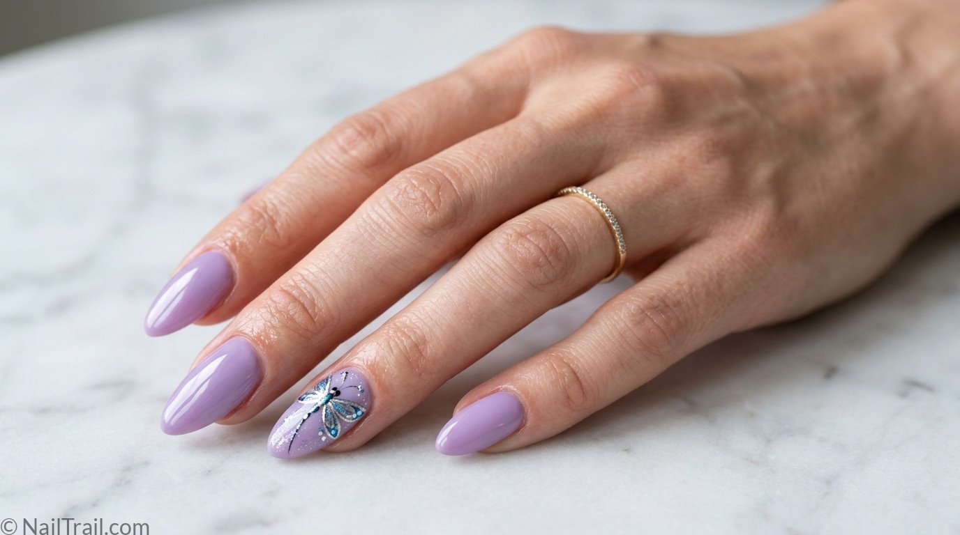 dragonfly nails purple almond blue silver dragonfly art detail glossy delicate summer