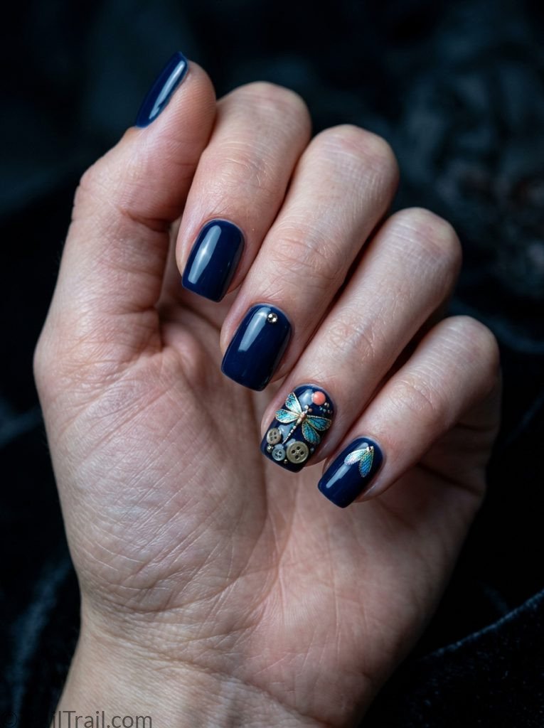 coraline dragonfly nails dark midnight blue whimsical short square moody creative unique glossy