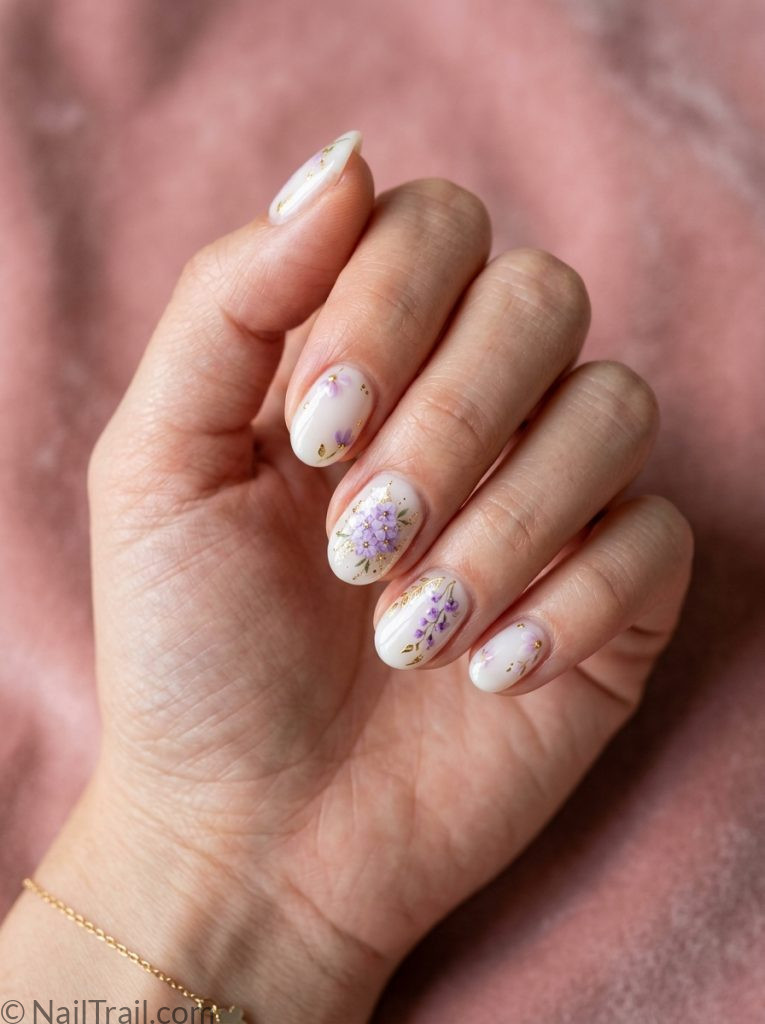  bts nails short oval shape arirang korean inspired floral purple gold white base glossy gel finish pink background