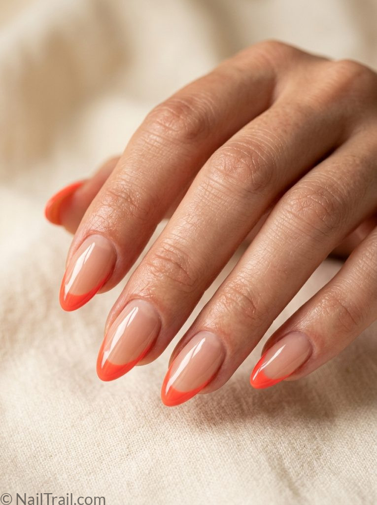 hottest summer nails french tip coral nude almond glossy chic elegant modern trending summer
