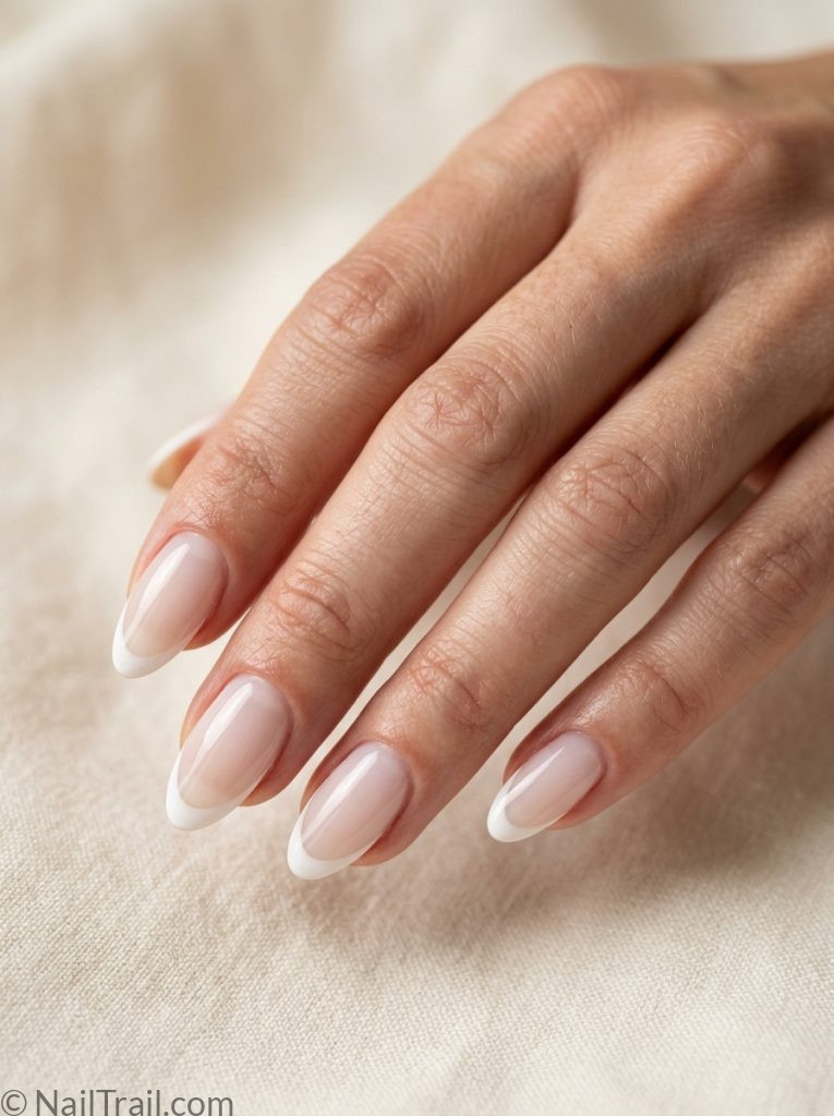 milky white nails french tip sheer almond soft classic delicate sophisticated glossy timeless