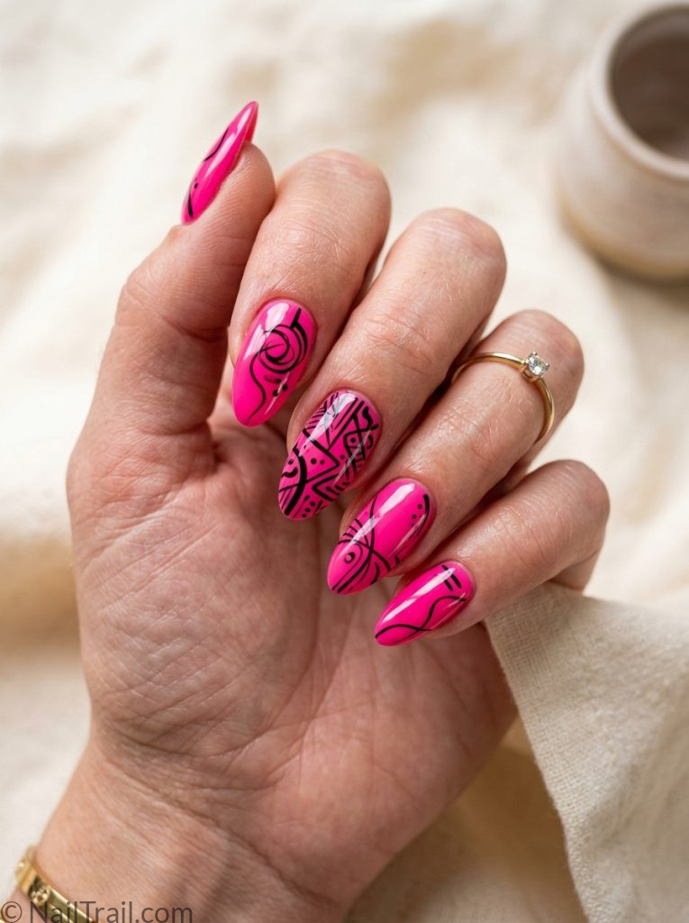 hottest summer nails ideas pink black graphic abstract line almond glossy editorial bold trending