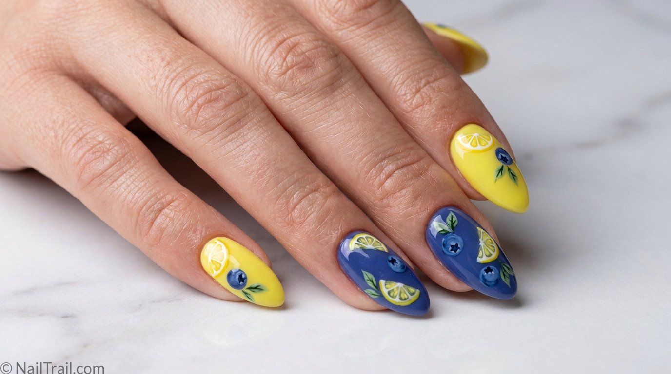 lemon blueberry nails yellow blue almond mismatched fruit detail glossy summer