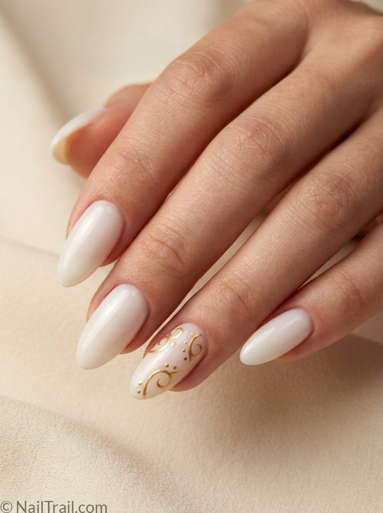 milky white nail art gold swirl design almond elegant sophisticated artistic glossy
