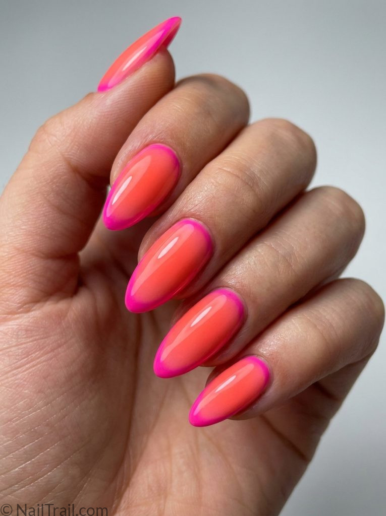 bright aura summer nails neon coral almond electric glow diffused glossy bold luminous