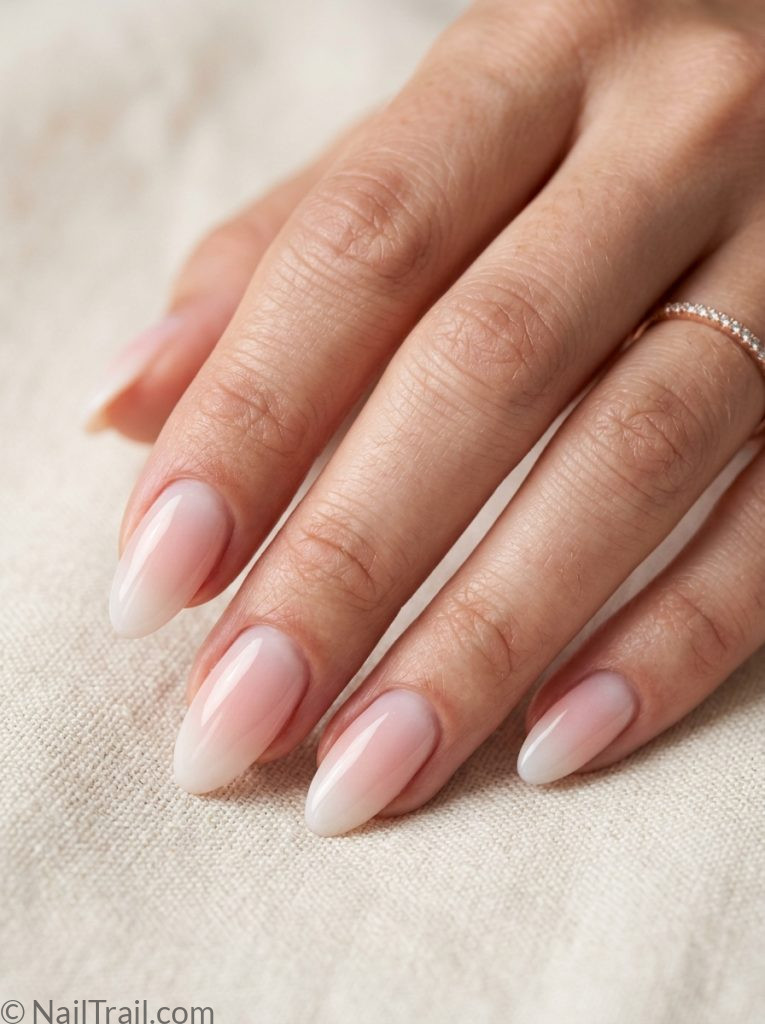 ombre milky white nails pink gradient almond dreamy romantic glossy ethereal blush