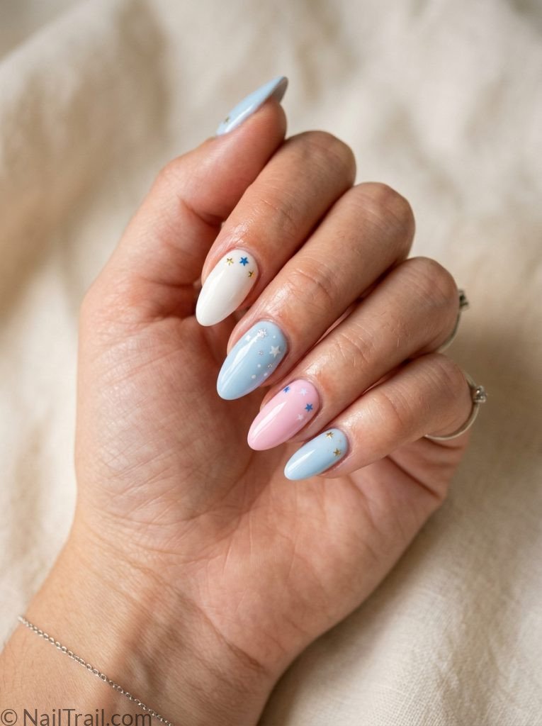 4th of july nails simple pastel pink white blue almond star detail soft glossy subtle patriotic
