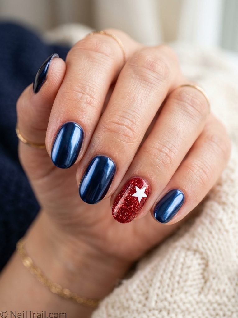 simple patriotic nails ideas navy chrome short oval red glitter accent white star mirror metallic glossy