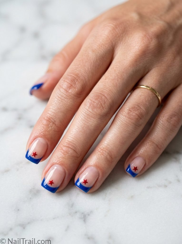 simple patriotic nails blue french tip short square sheer base red star tip center glossy elegant patriotic