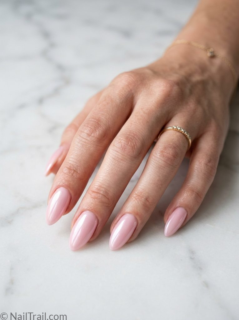 nail inspo almond simple pink glazed high shine glossy soft elegant
