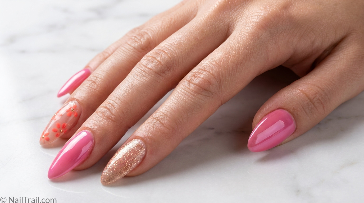 hottest summer nails pink glazed almond gold glitter coral glossy bright trending