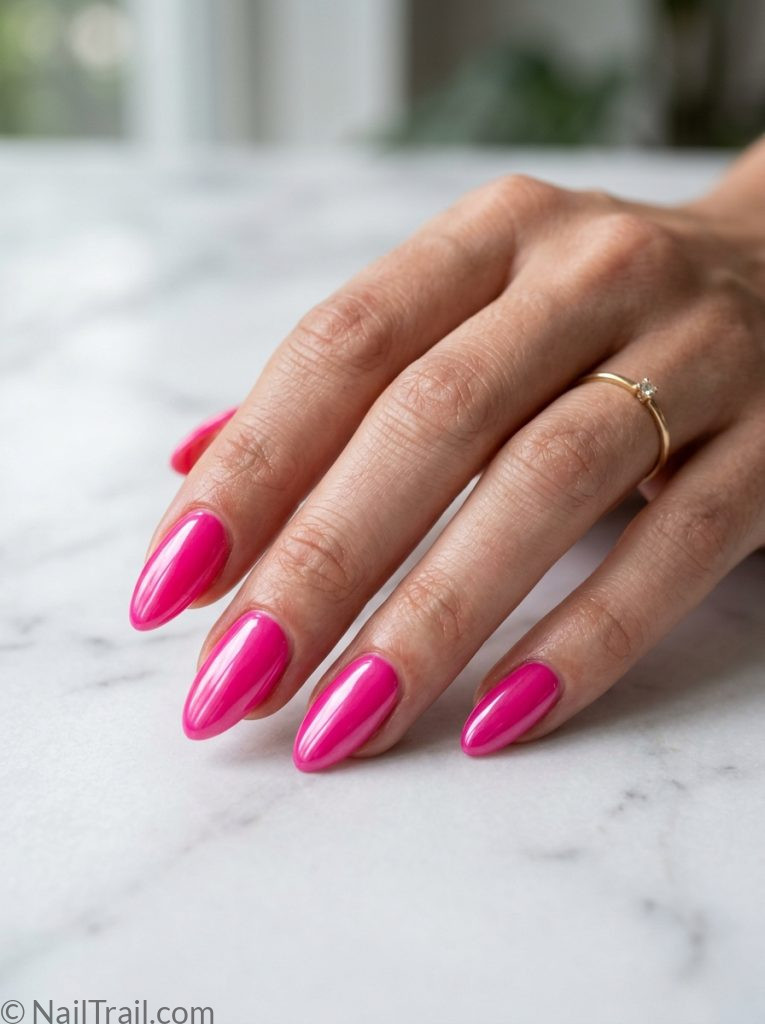 hottest summer nails 2026 bright pink glazed almond high shine glossy bold luminous trending