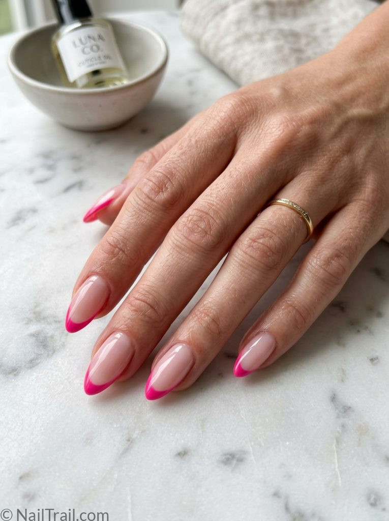 hottest summer nails almond pink french tip sheer base glossy elegant modern trending summer