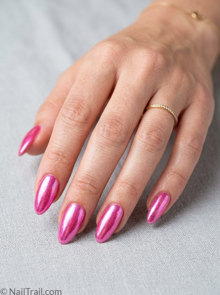 hottest summer nails pink almond chrome glazed mirror metallic shimmer glossy striking luminous