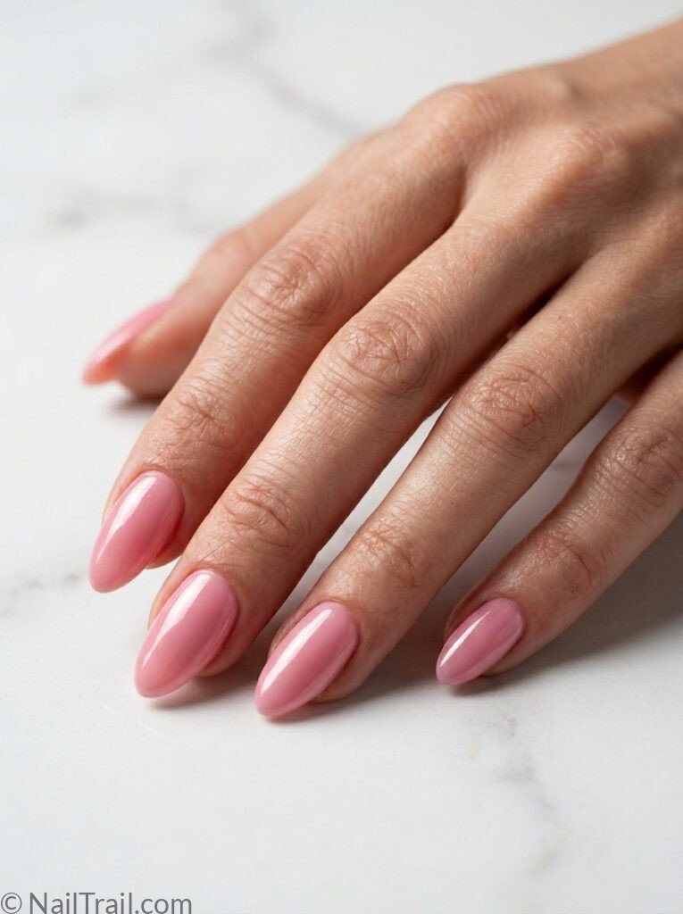july nails ideas summer cherry pink glazed almond high shine glossy soft romantic beautiful