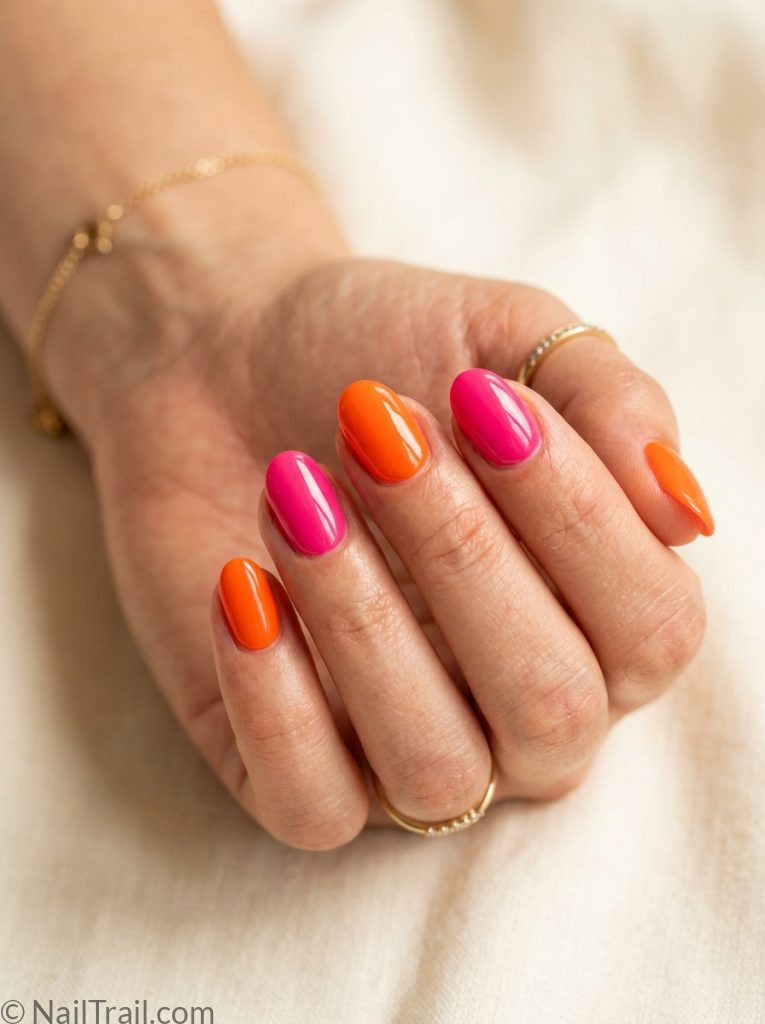 hottest summer nails inspo pink orange mismatch oval glossy vibrant warm bold trending summer