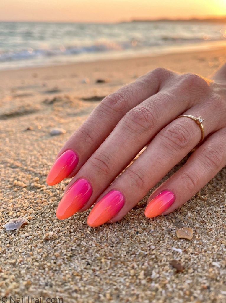 hottest summer nails pink orange sunset ombre almond glossy stunning warm bold summer beach