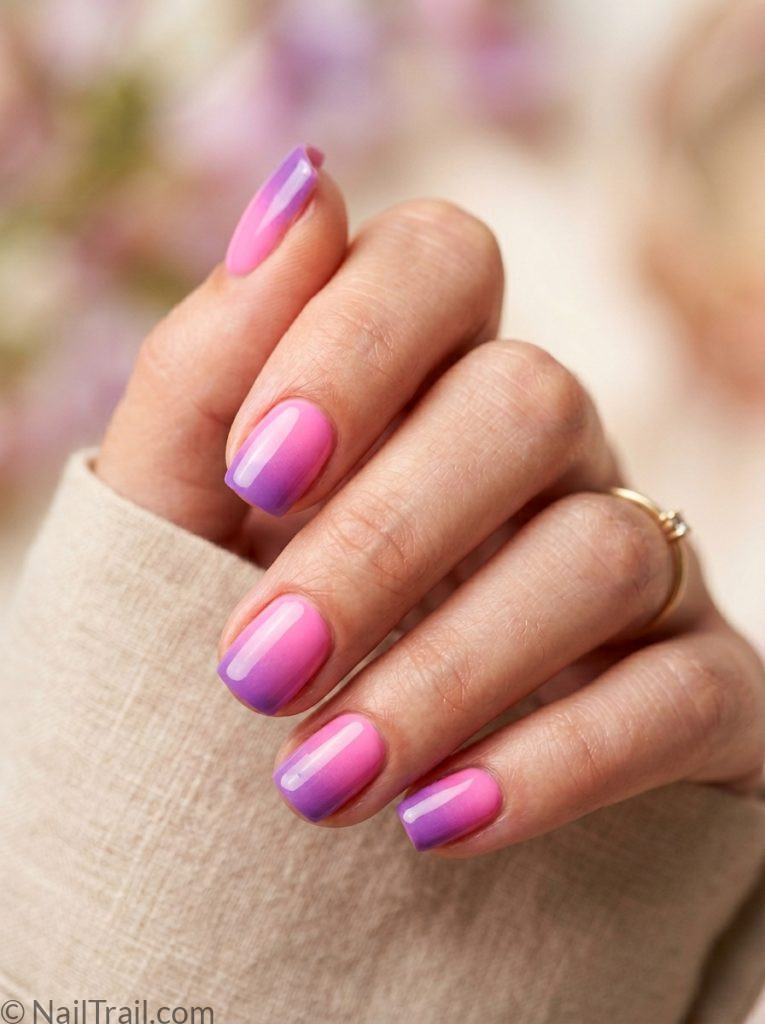 hottest summer nails pink purple gradient short square glossy dreamy trending summer