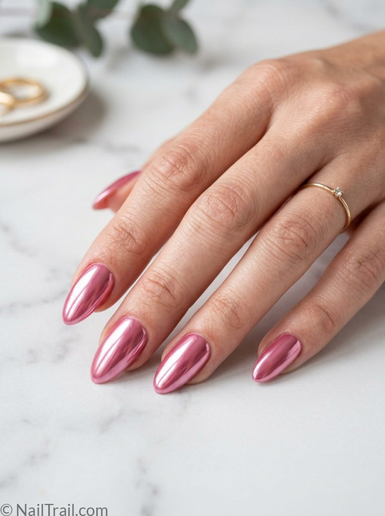 hottest summer nails inspo almond rose pink chrome mirror metallic glossy sophisticated luminous