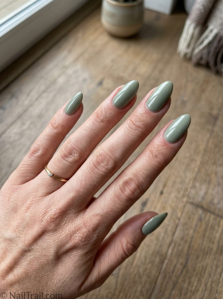 nail inspo almond sage green earthy muted glossy grounded sophisticated
