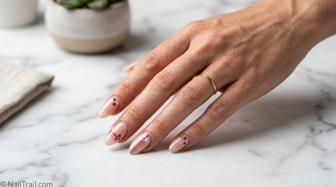 subtle 4th of july nails sheer almond delicate star stripe red white blue glossy gel classy 2026