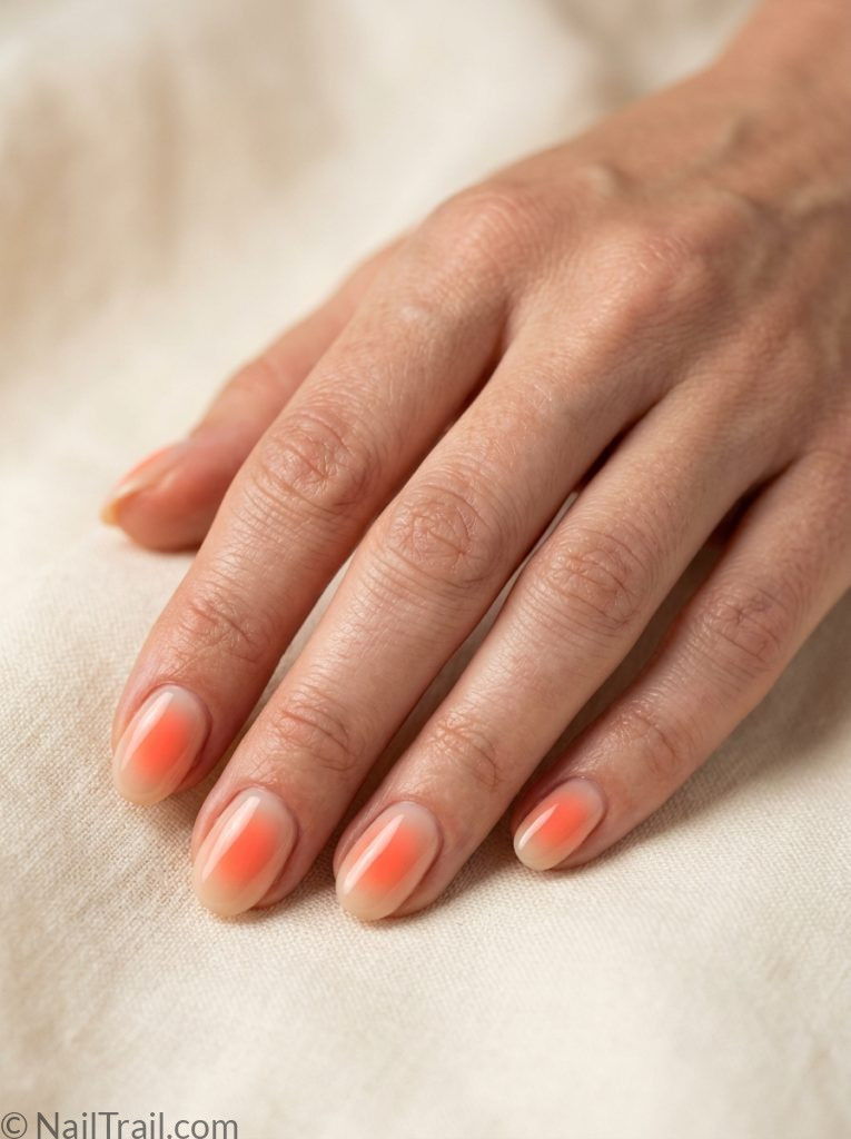 simple aura summer nails short coral oval warm glow diffused glossy effortless wearable