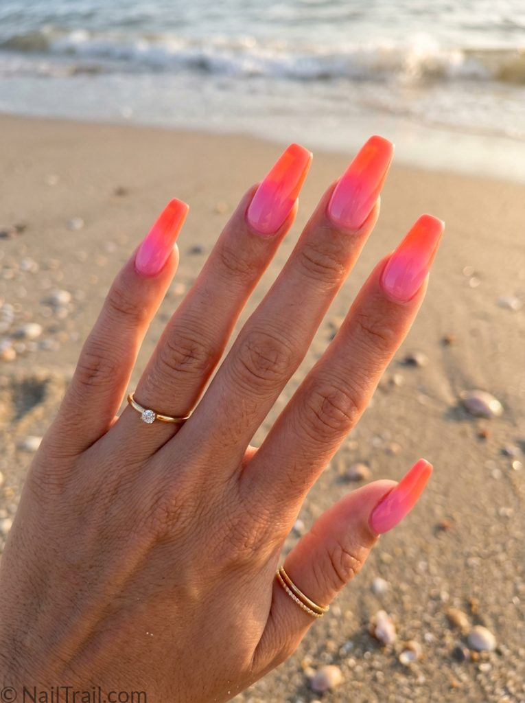 long aura summer nails pink orange coffin ombre gradient glow glossy dramatic stunning warm