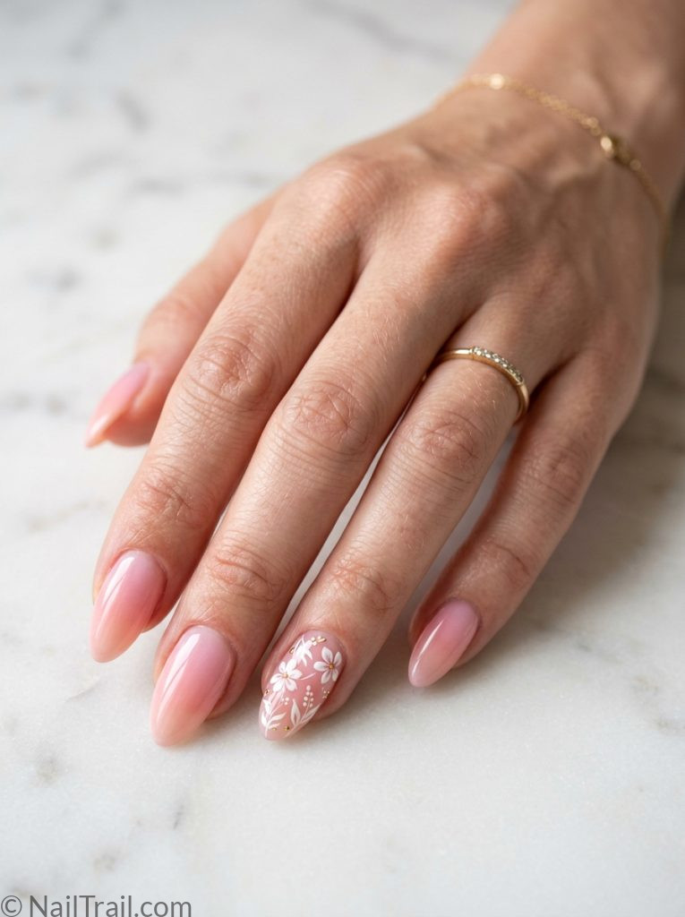 aura summer nails flowers pink glow white floral accent almond glossy romantic soft dreamy
