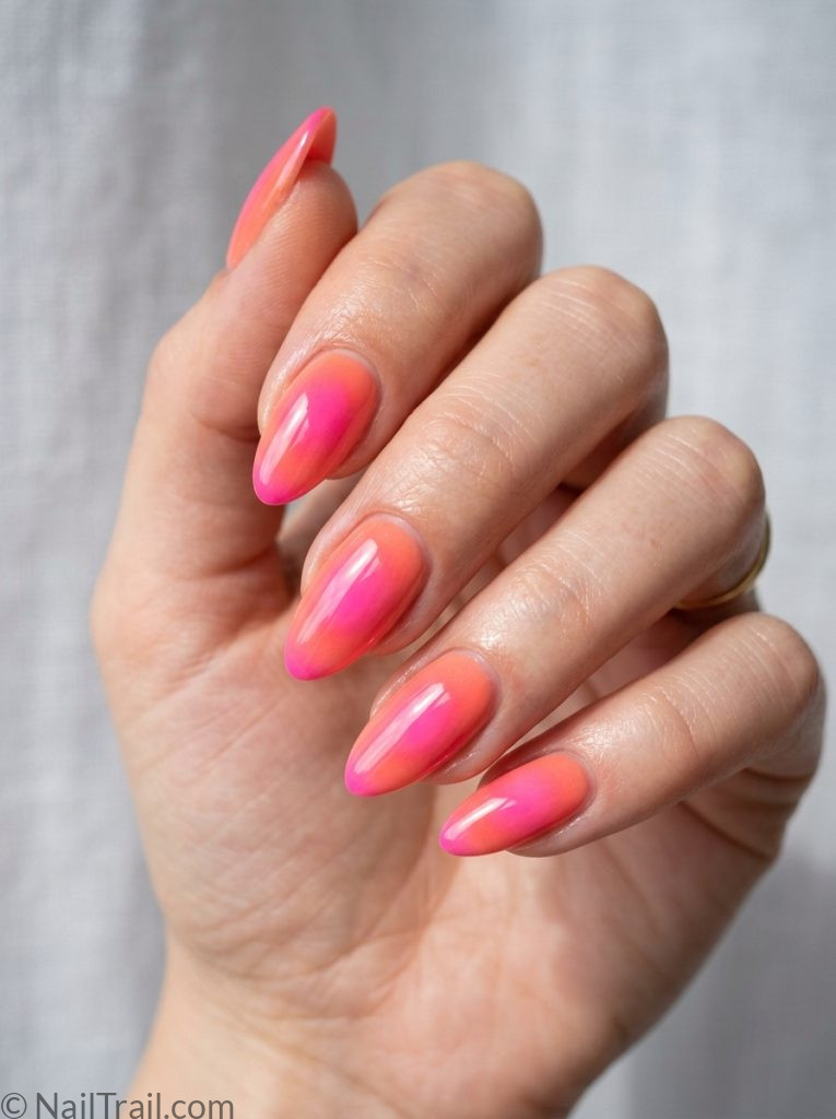 aura summer nails designs coral hot pink almond bold diffused gradient glossy vibrant dramatic